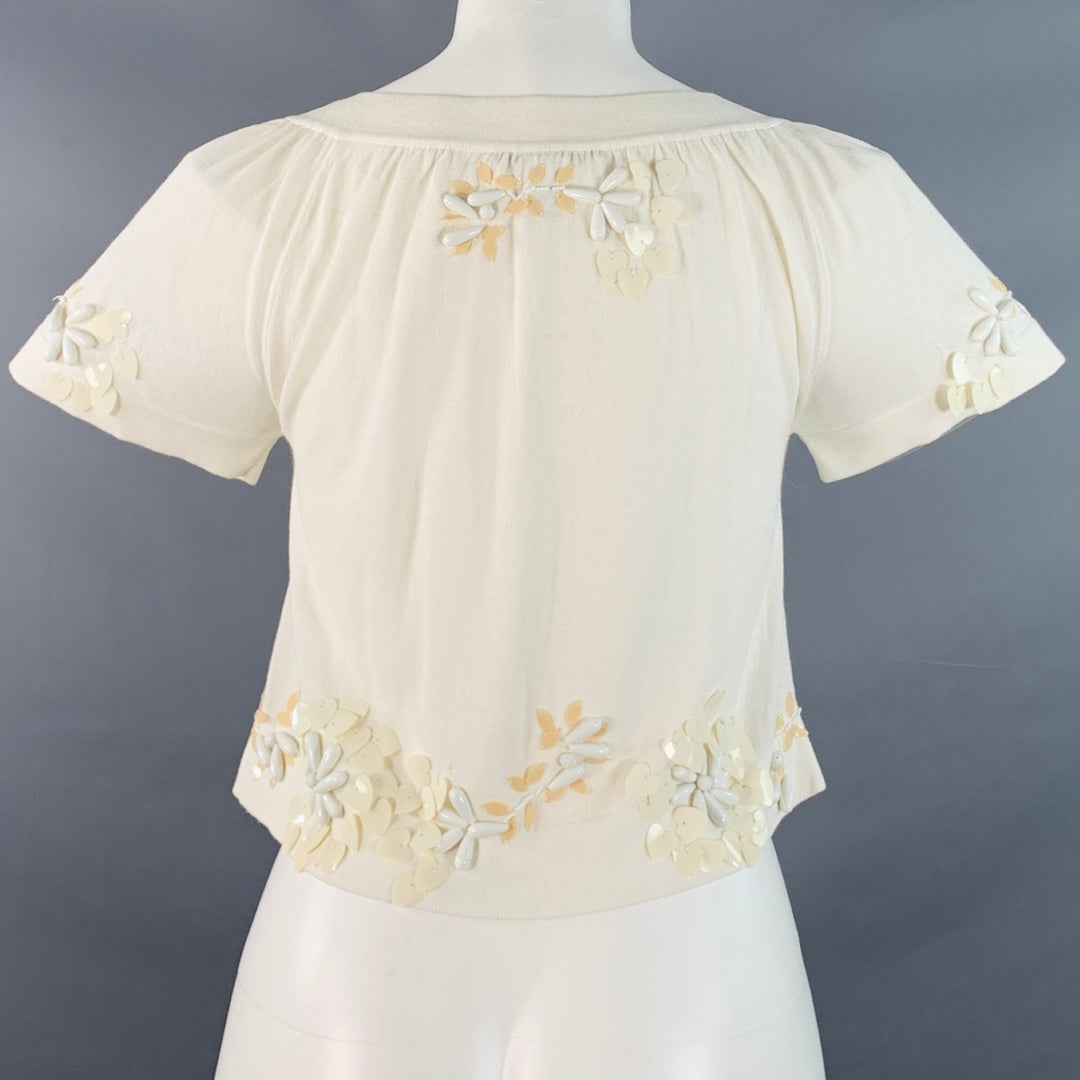 NANETTE LEPORE Size XS Cream White Cotton Blend Beaded Floral Cropped Cardigan