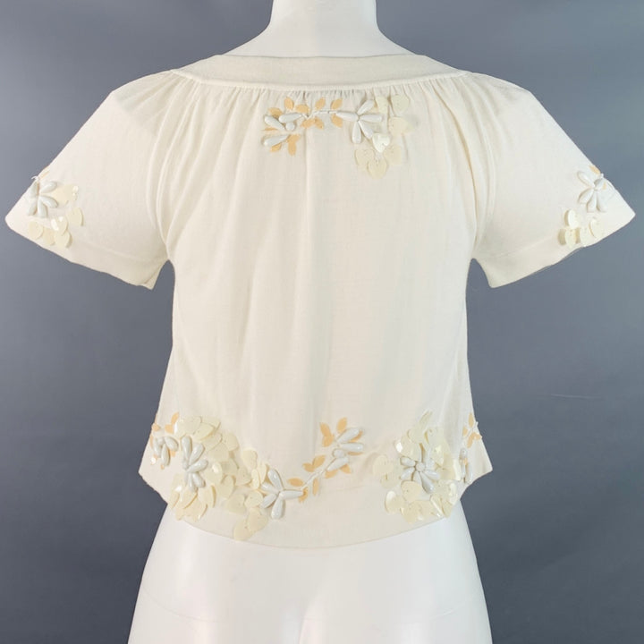 NANETTE LEPORE Size XS Cream White Cotton Blend Beaded Floral Cropped Cardigan
