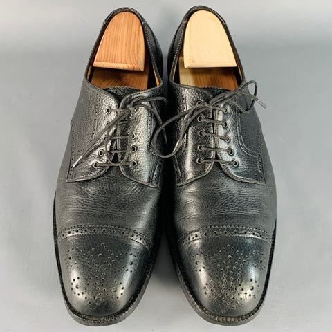 SALVATORE FERRAGAMO Size 10.5 Black Perforated Pebble Grain Leather Derby Lace-Up Shoes