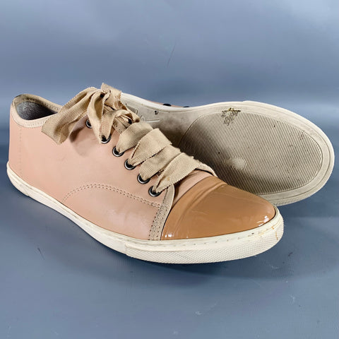 LANVIN Size 9 Beige Leather Patent Leather Cap Toe Sneakers