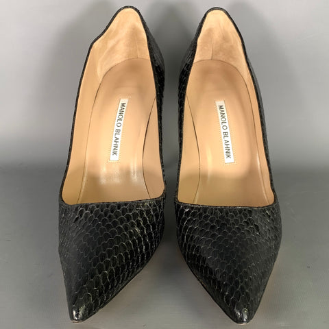 MANOLO BLAHNIK Size 11 Black Leather Snake Embossed Pumps