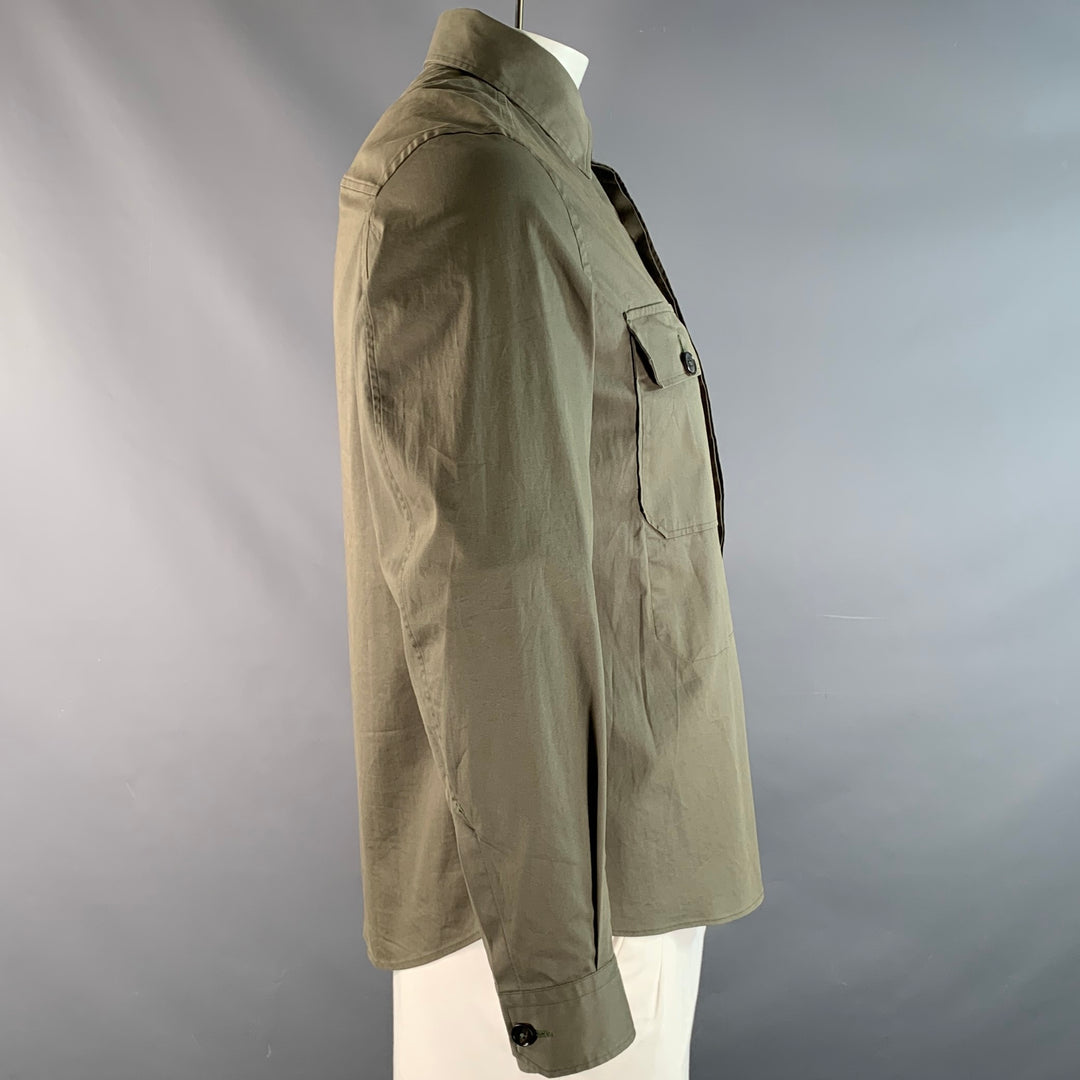 ERMENEGILDO ZEGNA Size M Olive Cotton Blend Patch Pockets Long Sleeve Shirt