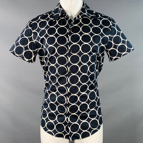 TRINA TURK Size M Navy White Circles Cotton Blend Short Sleeve Shirt