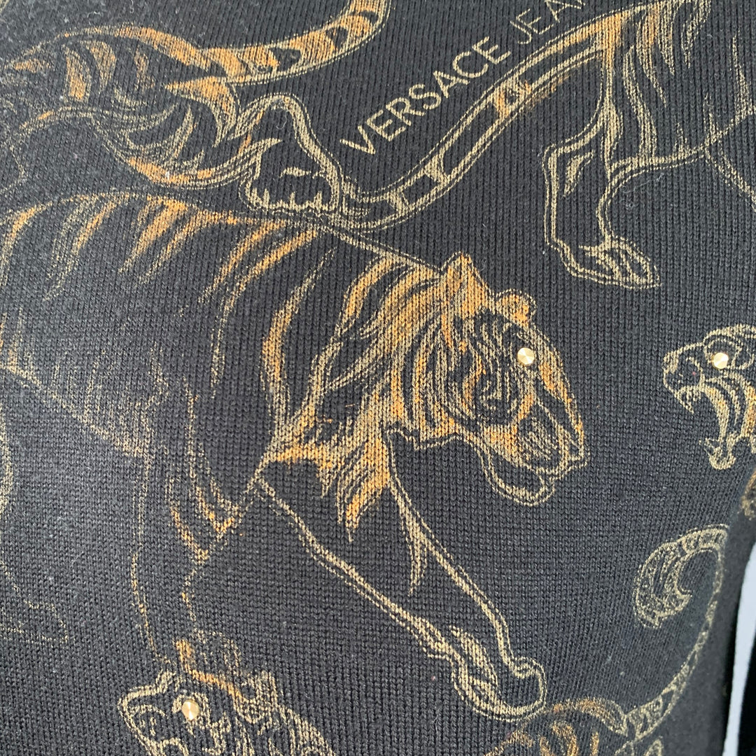 VERSACE JEANS Size L Black Gold Tiger Cotton Print Studded Crew Neck Sweater