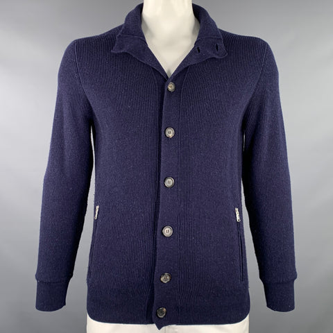 BRUNELLO CUCINELLI Size 44 Navy Ribbed Cashmere Button Up Cardigan