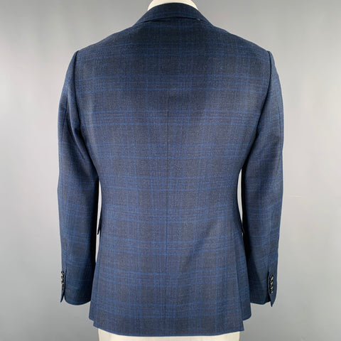 BARNEY'S NEW YORK Size 42 Black Navy Plaid Wool Silk Sport Coat