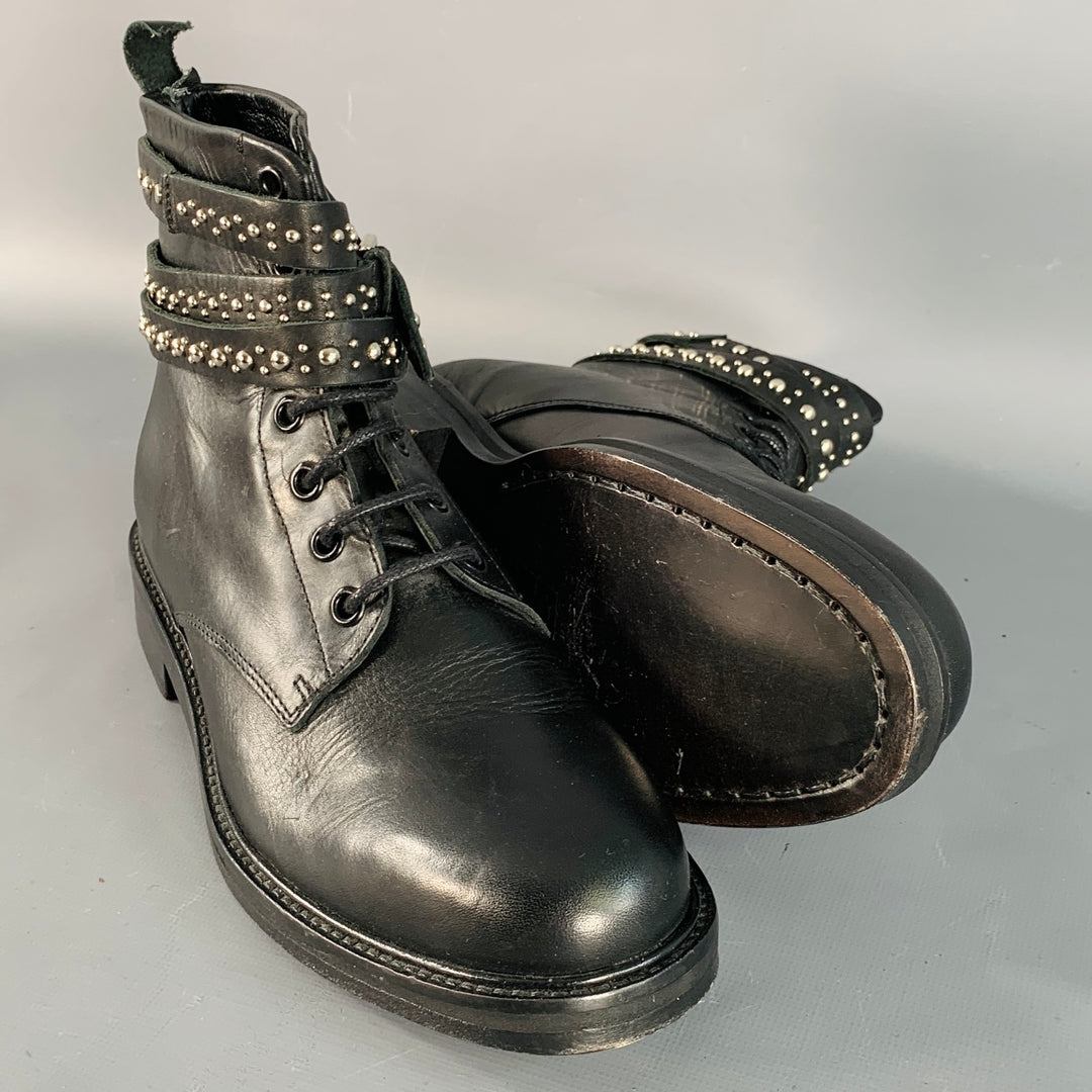 MAJE Size 7 Black Studded Leather Wrap Around Lace-Up Ankle Boots