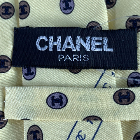 CHANEL Yellow Brown CC Monogram Logo Silk Tie
