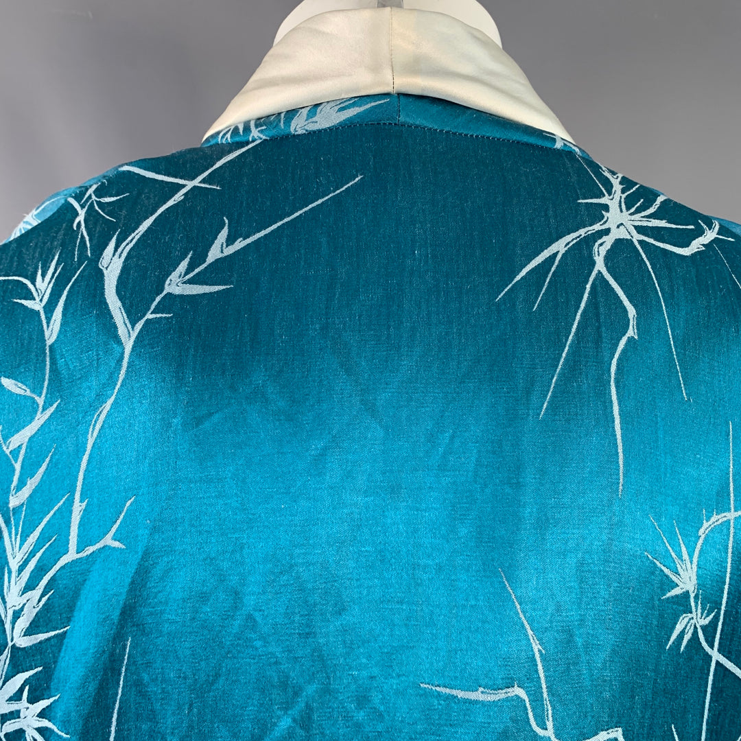 HAIDER ACKERMANN Size S Teal White Jacquard Linen Silk Shawl Collar Jacket