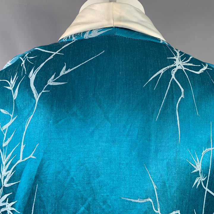 HAIDER ACKERMANN Size S Teal White Jacquard Linen Silk Shawl Collar Jacket