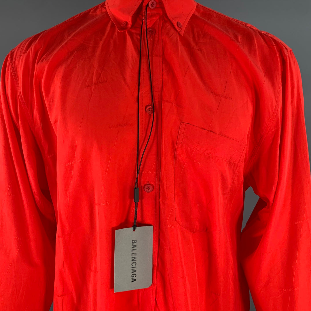 BALENCIAGA Size S Red Monogram Lyocell Button Down Long Sleeve Shirt