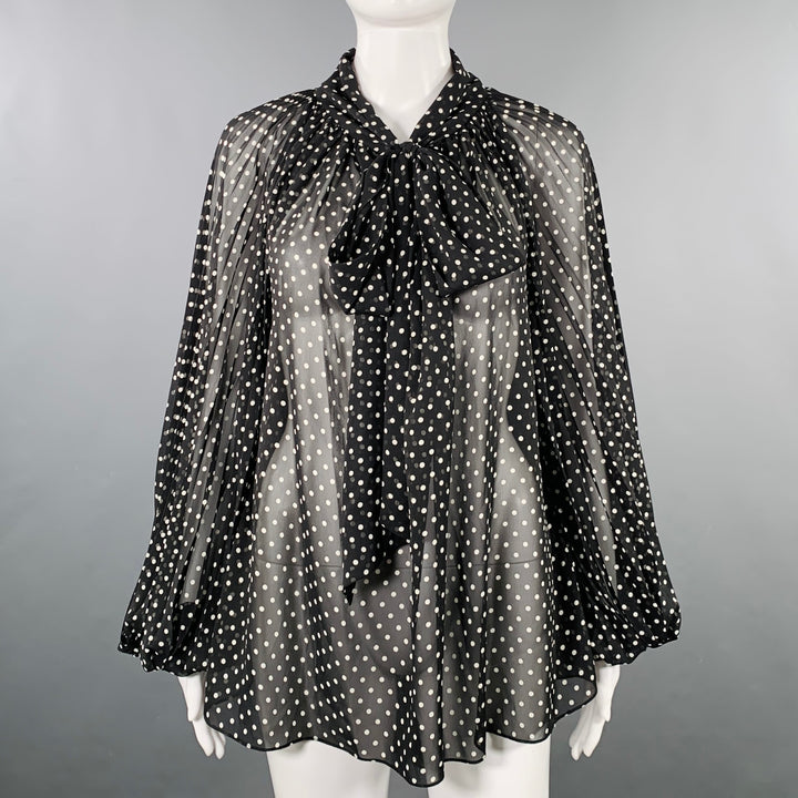 PRABAL GURUNG Size 2 Black White Polyester Polka Dot Bow Blouse