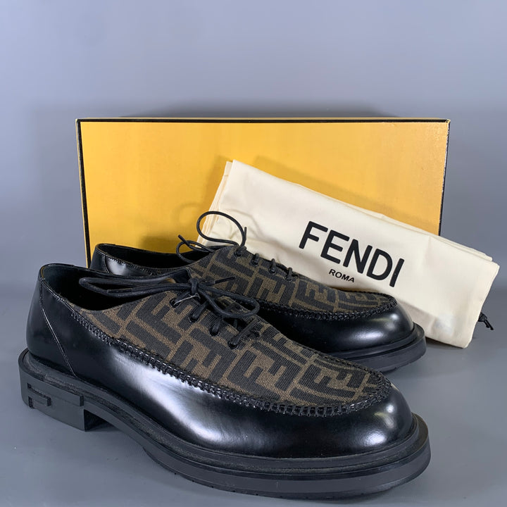 FENDI Size 10 Black Brown Monogram Leather Lace Up Shoes
