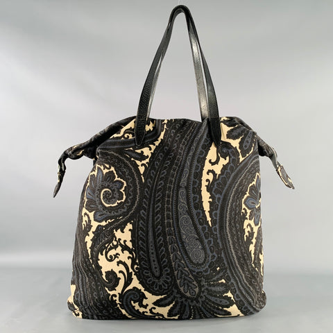 DRIES VAN NOTEN Black Cream Paisley Canvas Tote Handbag