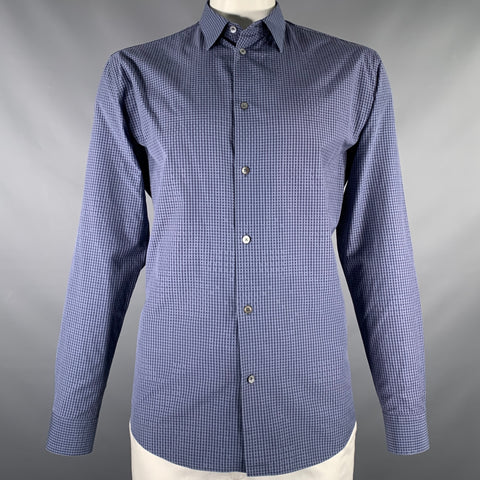 HERMES Size L Navy Blue Checkered Cotton Button Up Long Sleeve Shirt