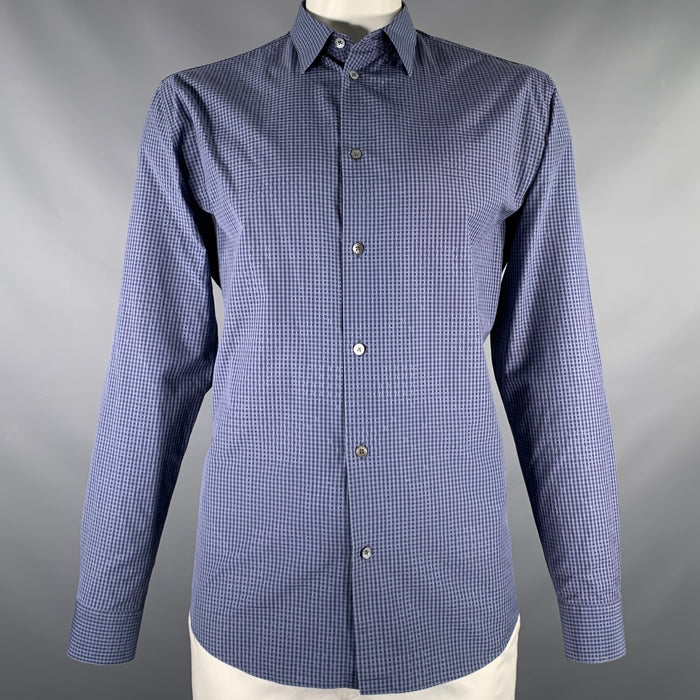 HERMES Size L Navy Blue Checkered Cotton Button Up Long Sleeve Shirt