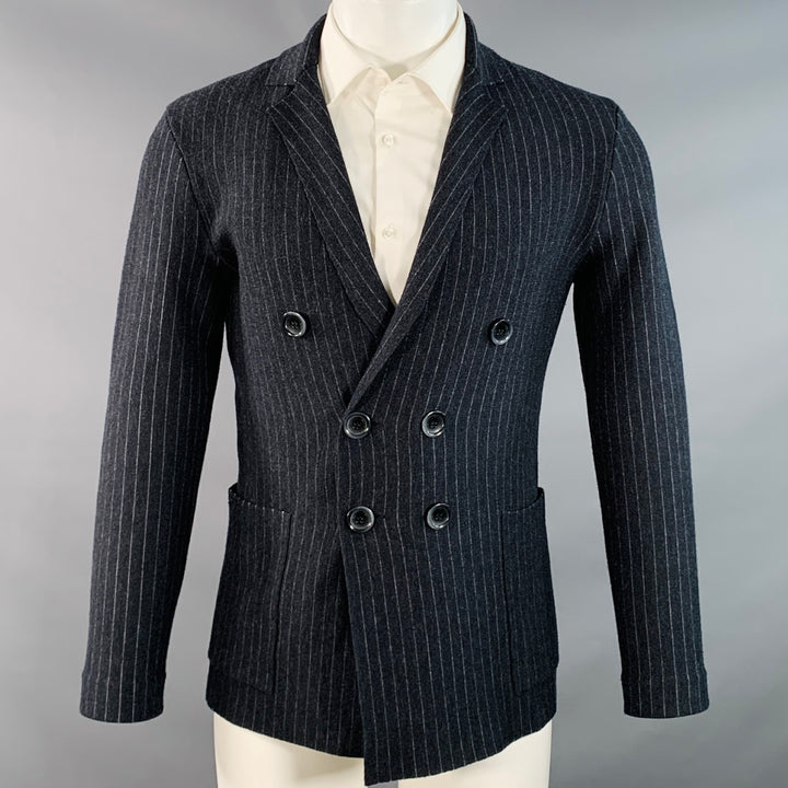 EMPORIO ARMANI Size S Regular Charcoal Grey Stripe Double Breasted Notch Lapel Sport Coat