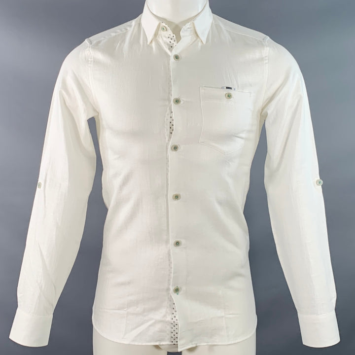 TED BAKER Size XS Jaames White Herringbone Cotton Linen One Pocket Roll Tab Long Sleeve Shirt