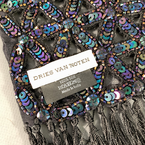 DRIES VAN NOTEN Black Purple Iridescent Silk Sequined Scarves