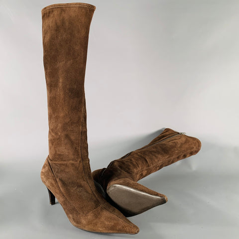Bottes PRADA en daim marron à bout pointu et fermeture éclair latérale, Taille 7.5