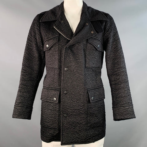 DRIES VAN NOTEN Size L Black Textured Mohair Blend Epaulets Coat