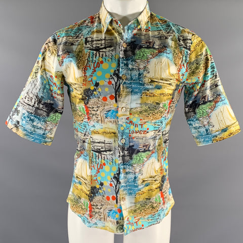 NIELL KATTER Size S Blue Tan Postcard Graphic Cotton Blend Short Sleeve Shirt