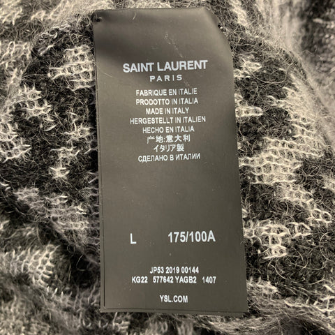 SAINT LAURENT 2019 Size L Grey Black Zig Zag Wool Blend Crew Neck Sweater