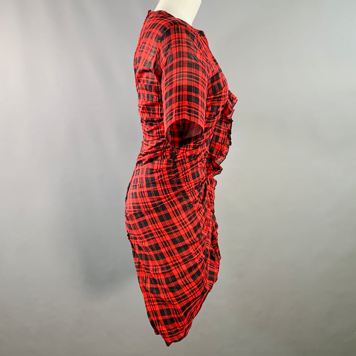 ISABEL MARANT ETOILE Size XS Red Black Cotton Linen Plaid Short Sleeve Ruched Dress