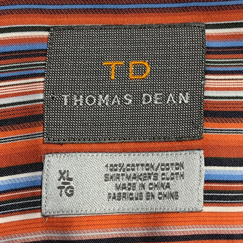 THOMAS DEAN Size XL Orange Blue Stripe Cotton Long Sleeve Shirt