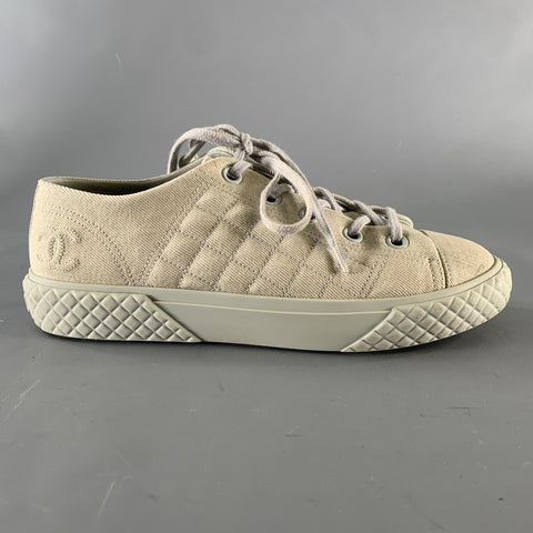 CHANEL Size 8.5 Grey Canvas Quilted Leather Trim Lace Up Sneakers