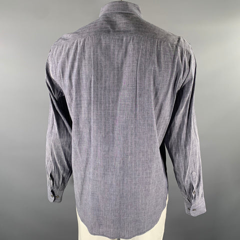 BRIONI Size L Navy Grey Stripe Linen Blend Pointed Collar Long Sleeve Shirt