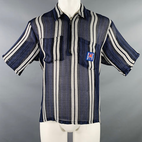 BRAIN DEAD Size M Navy Black White Stripe Polyester Blend Short Sleeve Shirt