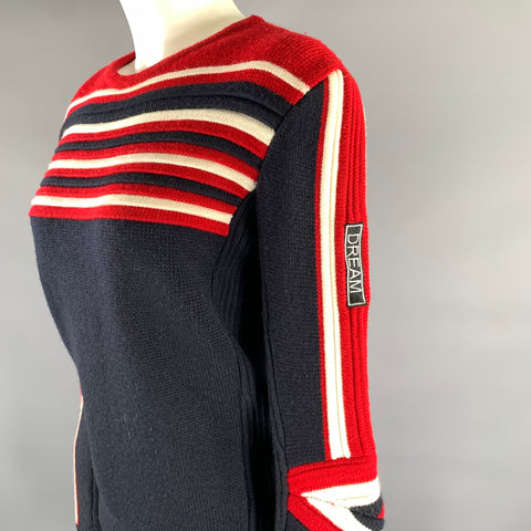 MAJE Size S Navy Red Wool Blend Stripe Crew-Neck Sweater