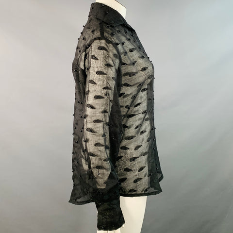 TOKYO JAMES Size L Sheer Black Linen Paisley Beaded Embroidered Shirt