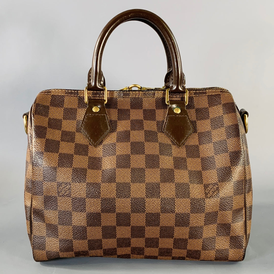 LOUIS VUITTON Ebene Speedy Bandouliere 25 Brown Tan Damier Leather Trim Canvas Handbag