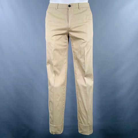 Pantalon décontracté à devant plat en coton mélangé, taille 34, couleur camel, ERMENEGILDO ZEGNA