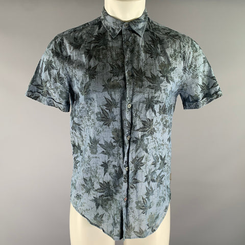 JOHN VARVATOS Size S Blue Black & Olive Floral Cotton Short Sleeve Shirt