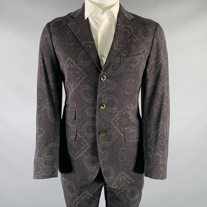 ETRO Size 38 Charcoal Grey Print Wool Notch Lapel Suit