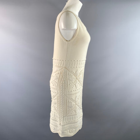 CHANEL Size 8 White Cotton Geometric Ribbed Knee Length Dress