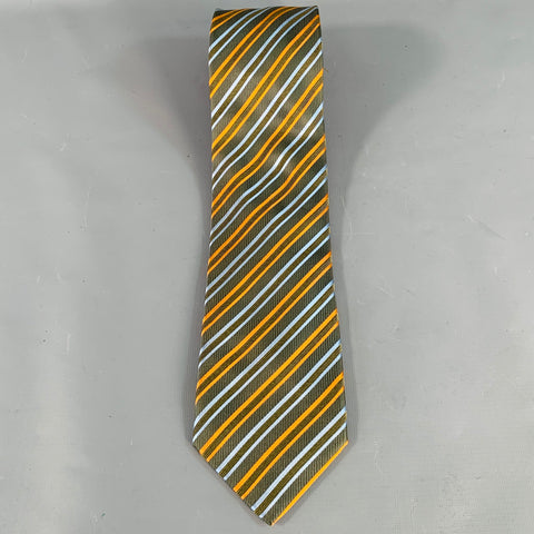 BRIONI Green Blue Orange Diagonal Stripe Silk Cotton Tie