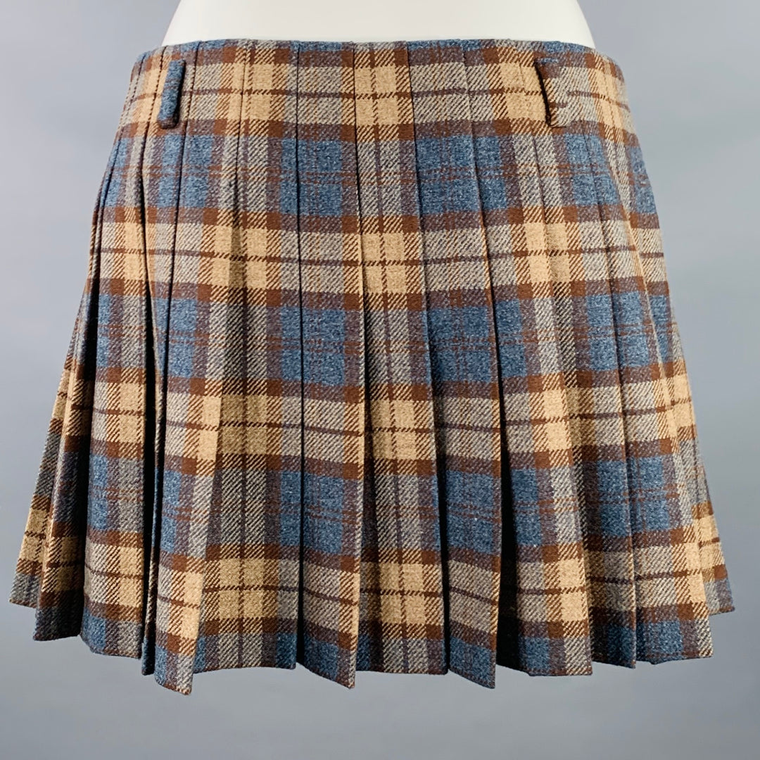 PRADA Size 28 Blue Taupe Wool Plaid Pleated Mini Skirt