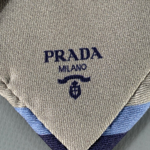 PRADA Grey Navy Blue Stripe Silk Skinny Tie