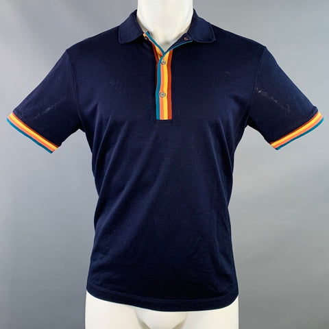 PAUL SMITH Size M Navy Multi Color Striped Trim Cotton Buttoned Polo