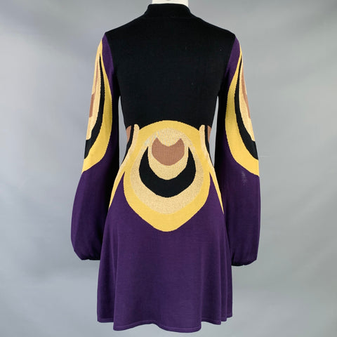 TEMPERLEY Size 6 Black Gold Silk Blend Abstract Bishop Sleeve Above Knee Dress