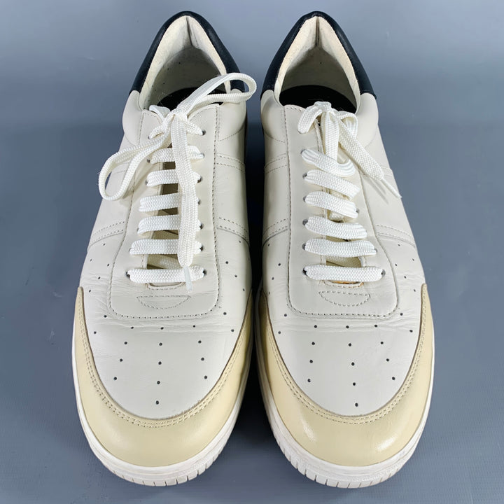 SANDRO Size 10 White Black Beige Color Block Leather Low Top Sneakers