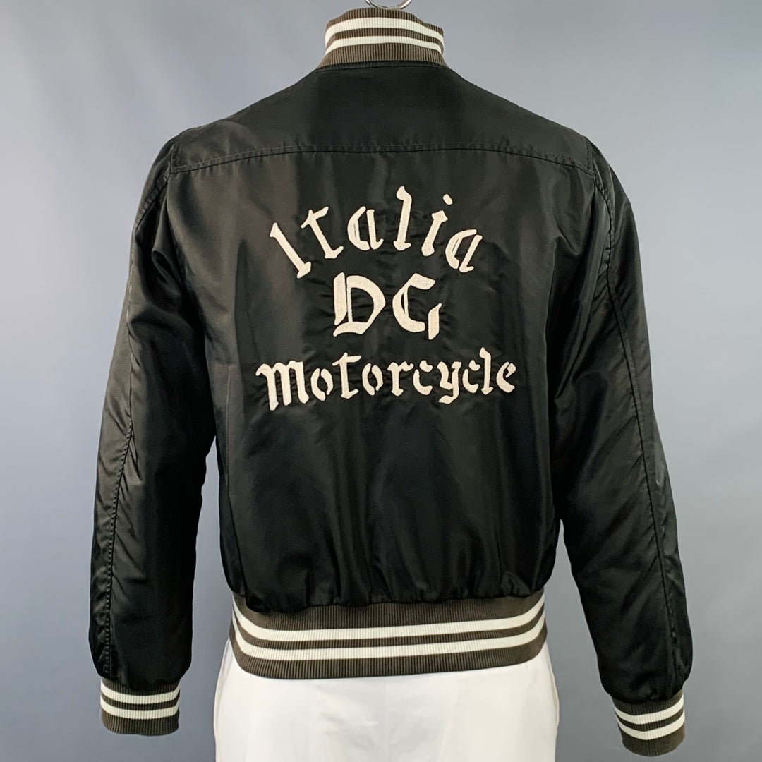DOLCE & GABBANA Size L Black Brown Cream Nylon Zip Up Bomber Jacket