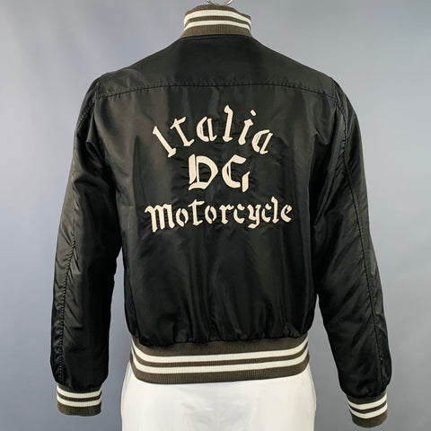 DOLCE & GABBANA Size L Black Brown Cream Nylon Zip Up Bomber Jacket