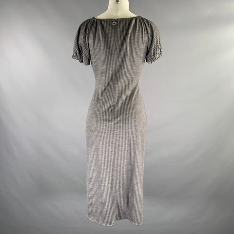 GIORGIO ARMANI Size 6 Grey White Wool Pinstripe Short Sleeve Mid-Calf Dress