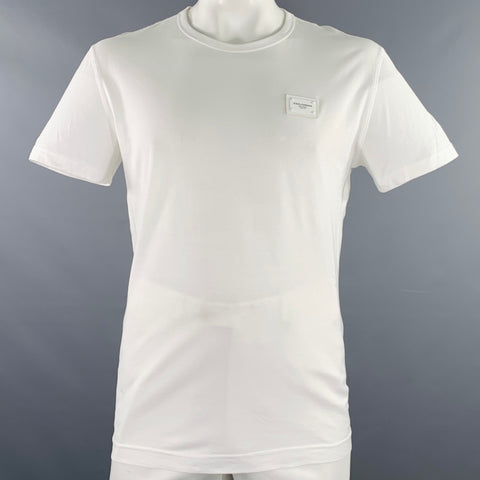 DOLCE & GABBANA Size L White Cotton Logo Patch Crew Neck T-shirt