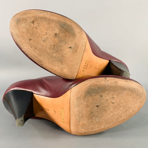 CELINE Size 7 High Throat Burgundy Leather Cone Heel Pumps